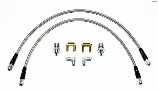 Wilwood brake line kit with 22-inch flexible hose, 3/8-24 fittings, and 90-degree elbow for vehicle brake system installation.