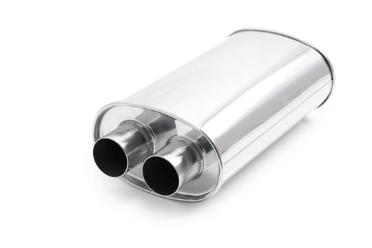 Vibrant Streetpower 2.25-inch stainless steel dual in-out oval muffler for automotive exhaust systems, shown in the image.