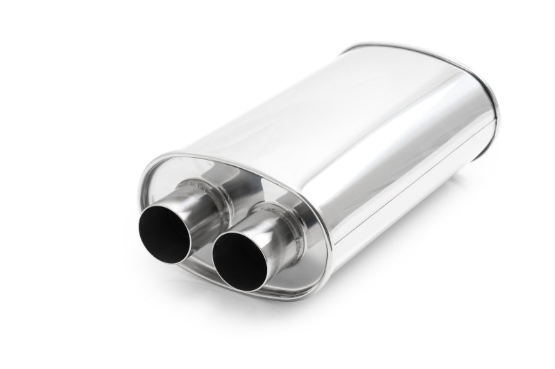 Vibrant Streetpower 2.25-inch stainless steel dual in-out oval muffler for automotive exhaust systems, shown in the image.