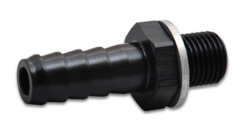Vibrant M10 x 1.0 to 1/8 inch barb fitting showing the metal threaded end and barbed connector for hoses or tubing.