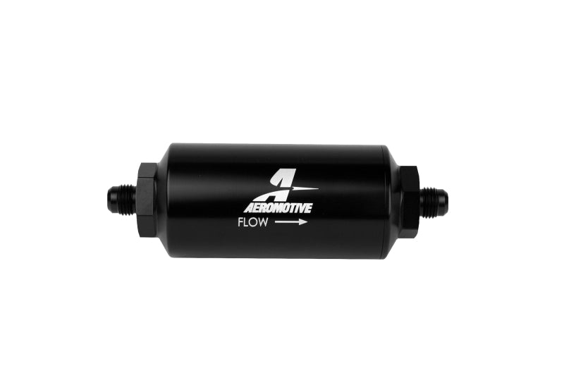 Aeromotive in-line fuel filter with AN-6 male fitting, 10 micron microglass element, bright dip black finish for automotive use
