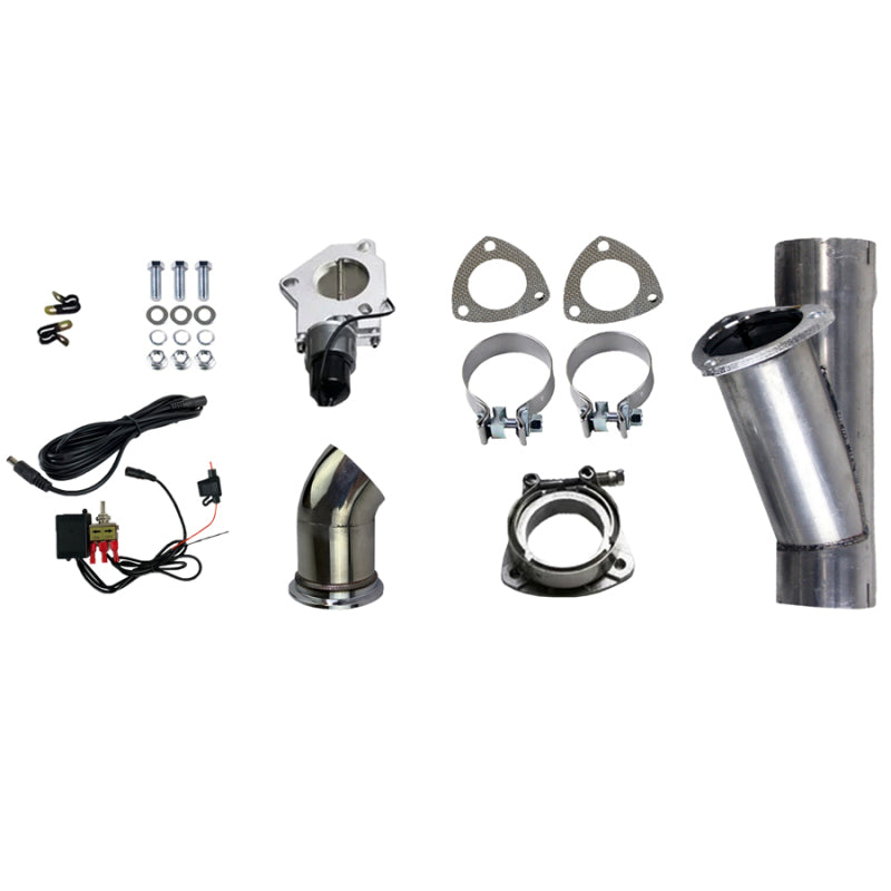 Granatelli Motor Sports 2.5-inch aluminized mild steel exhaust cutout system with slip fit and band clamps, shown installed on vehicle.