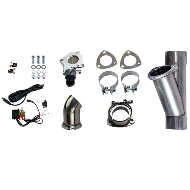 Granatelli Motor Sports 2.5-inch aluminized mild steel exhaust cutout system with slip fit and band clamps, shown installed on vehicle.