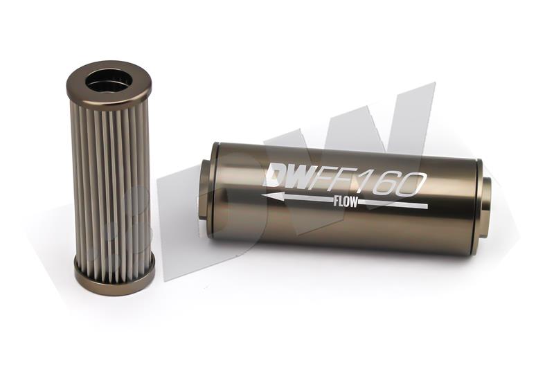 DeatschWerks stainless steel 10AN 10-micron universal inline fuel filter housing kit with mounting bracket and fittings.