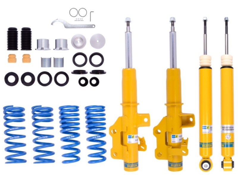 Bilstein B14 PSS coilover suspension kit installed on a 2016-2020 Chevrolet Camaro, showing the coilover shocks and suspension components.