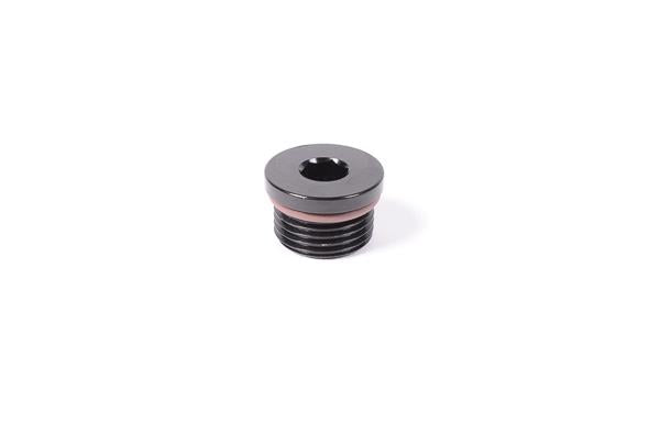Radium Engineering 8AN ORB plug fitting shown in black with threaded design for automotive or racing applications.