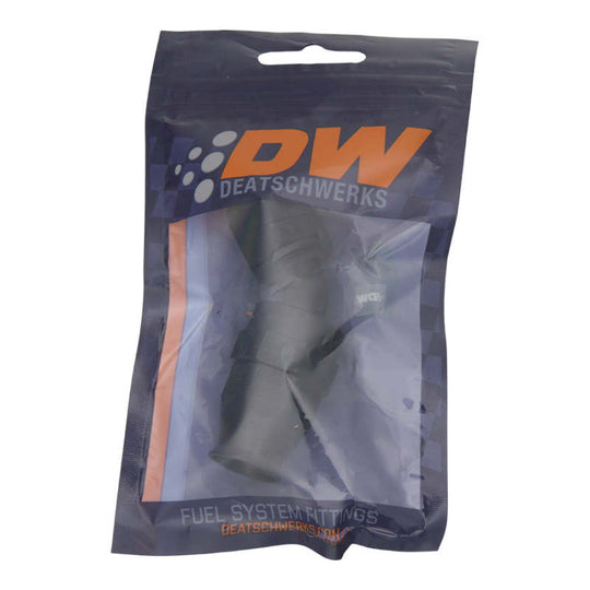 DeatschWerks 8AN female swivel 45-degree hose end fitting in anodized matte black with olive insert for PTFE hoses.