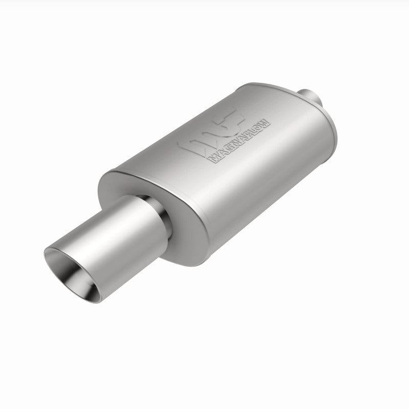 MagnaFlow muffler with tip, stainless steel, 14x5x8 inches, designed for automotive exhaust systems, featuring dual inlet and outlet.