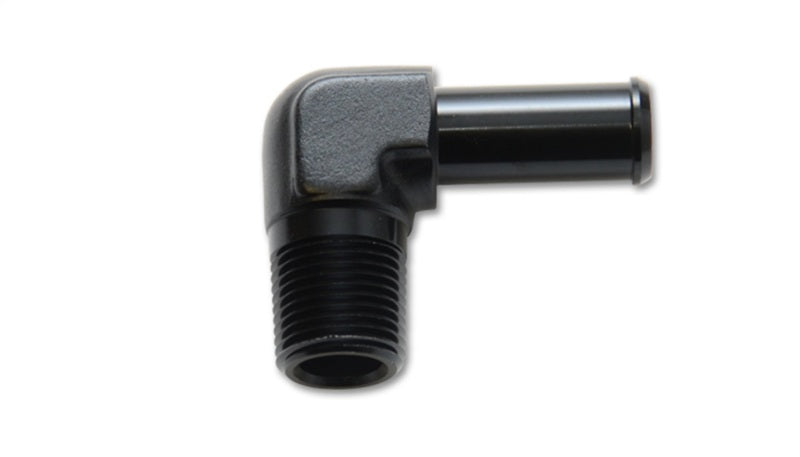 Vibrant aluminum 1/4 NPT to 3/8-inch barb straight fitting with 90-degree angle, used for fluid connections in automotive or industrial systems.