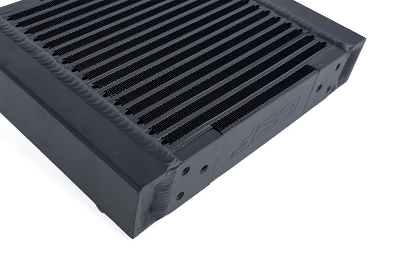CSF universal large single-pass oil cooler with M22 x 1.5 fittings, 12-inch length, 9.33-inch height, and 2.16-inch width on a white background.