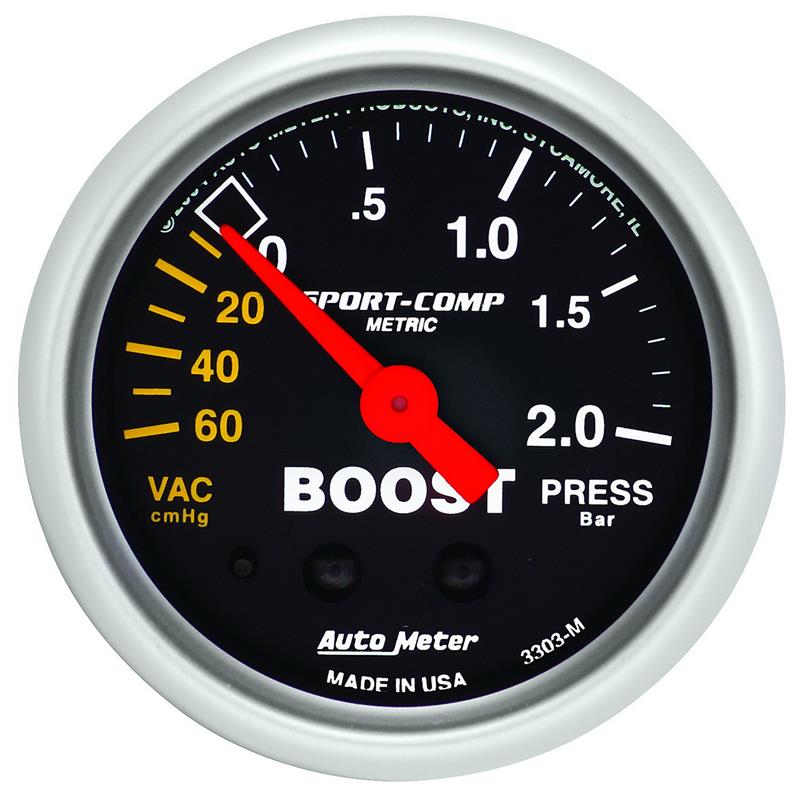 AutoMeter Sport-Comp 52mm mechanical boost gauge with 60cm hose and -2.0 bar pressure measurement, displayed on a white background.