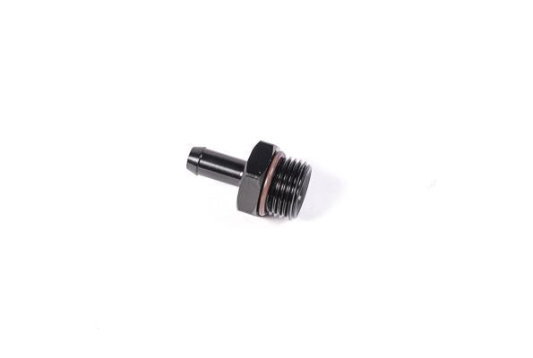 Radium Engineering 8AN ORB to 5/16 inch barb fitting with black finish, showing the fitting with threaded and barb ends.