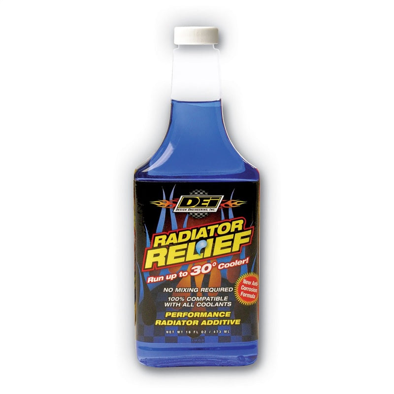 DEI Radiator Relief 16oz coolant bottle, used to help improve radiator performance and prevent overheating in vehicles.