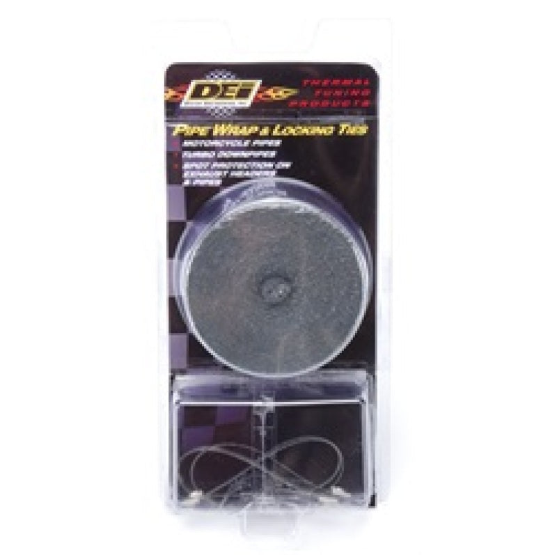 Black DEI exhaust wrap kit with pipe wrap and locking tie, designed for heat insulation and engine performance enhancement.