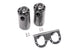Radium Engineering dual universal oil catch can kit with fluid lock, mounted on engine bay, black aluminum cans for vehicle emission control