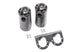 Radium Engineering dual universal oil catch can kit with fluid lock, mounted on engine bay, black aluminum cans for vehicle emission control