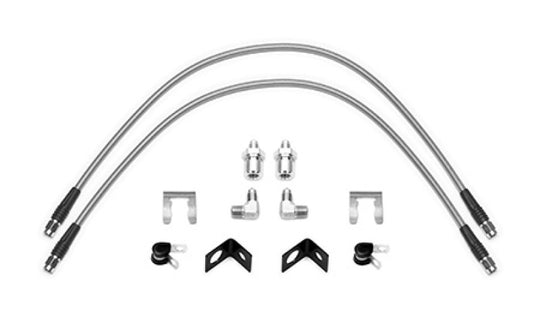 Wilwood Flexline Kit with 25-inch brake lines, 3/8-24 fittings, and 90-degree connectors for automotive brake systems.