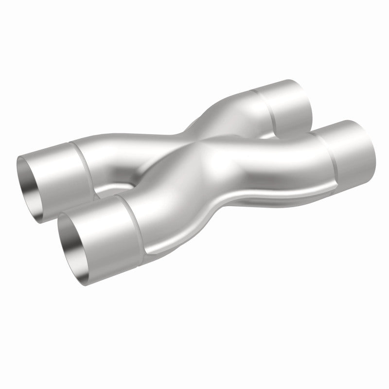MagnaFlow Smooth Trans X 2.5/2.5 stainless steel X pipe for exhaust systems, shown in the image with smooth welds and durable finish.