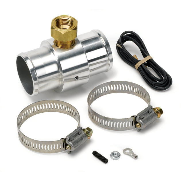 AutoMeter radiator hose adapter in aluminum, 1.5-inch with 0.375-inch NPTF female fitting, used for gauge installations.