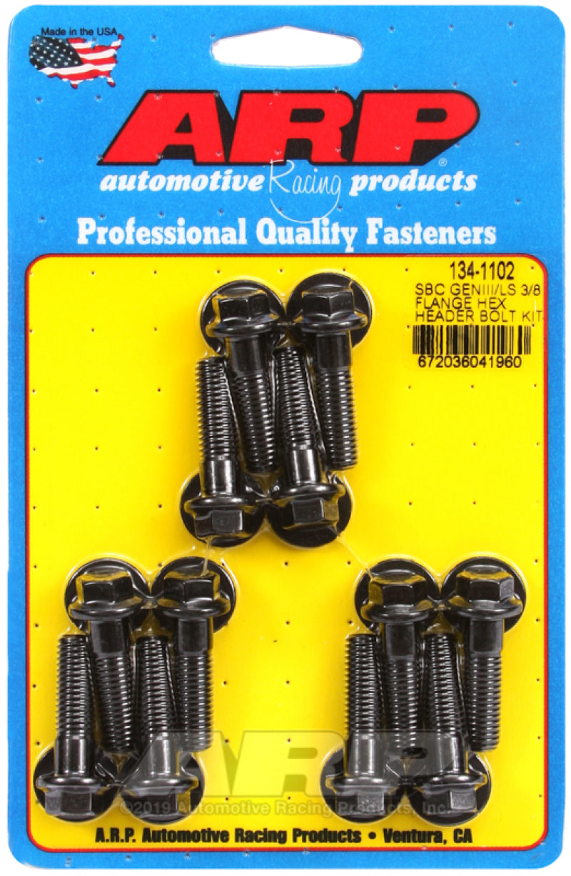 ARP Chevy LS 3/8-inch flange hex header bolt kit, automotive hardware set with polished metal bolts and matching nuts.