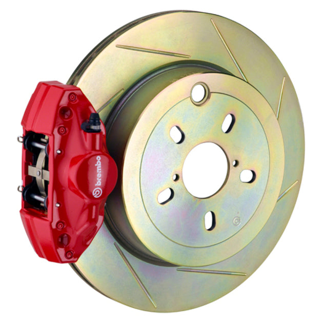 Brembo performance brake kit with red 2-piece cast rotors and slot type brake pads for rear electric park brake system.