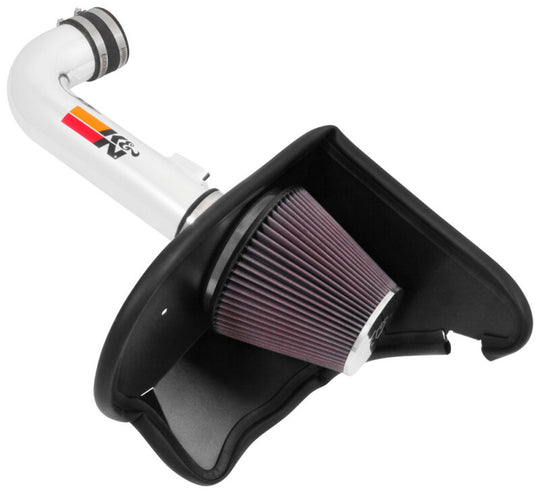 K&N Engineering silver Typhoon short ram cold air intake for 2016-2017 Chevy Camaro 3.6L engine, showcasing the intake system.