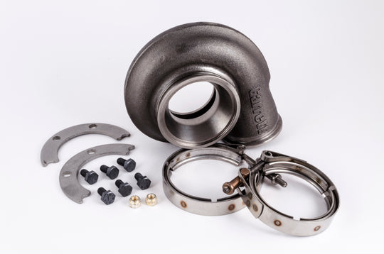 Garrett GT30R turbine housing kit with V-band, 0.83 A/R, Ni-Resist material, showing the turbine housing components.