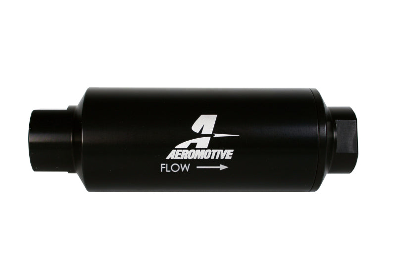 Aeromotive in-line fuel filter with AN-12 ORB fitting and 10 micron microglass element, designed for automotive fuel systems.