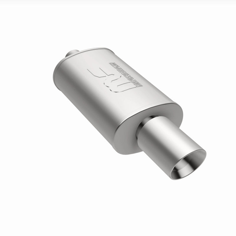 MagnaFlow muffler with tip, model Rs 14X5X8, 2.25/4, installed on a vehicle's exhaust system, showcasing durable construction.