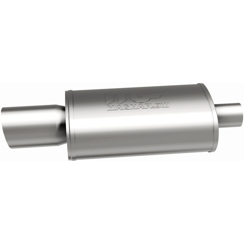 MagnaFlow stainless steel muffler with tip, 14x5x8 inches, featuring dual outlet, for improved exhaust sound and performance.