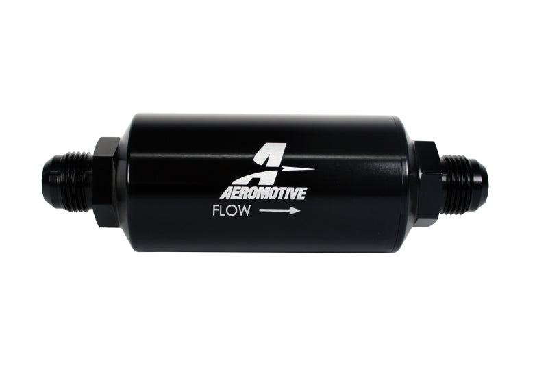 Aeromotive in-line fuel filter with AN-10 fitting, 100 micron stainless steel element, black anodize finish for automotive use