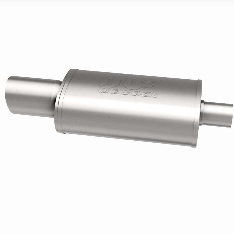 MagnaFlow stainless steel muffler with tip, 14x5x8 inches, suitable for automotive exhaust systems, featuring dual outlet design.