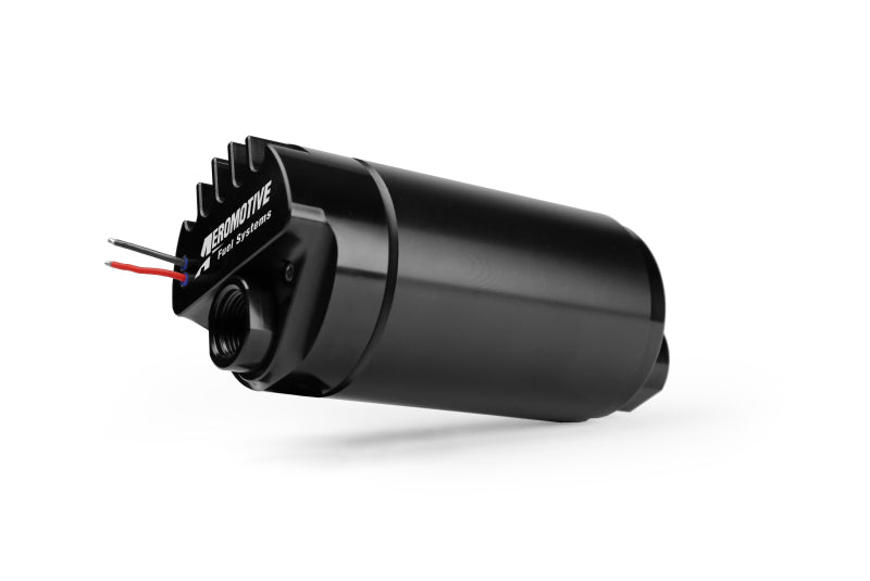Aeromotive A1000 brushless external fuel pump with metal body and inlet/outlet fittings, designed for high-performance fuel delivery.