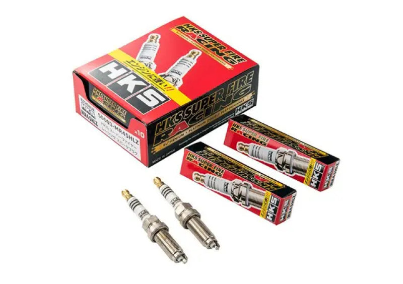 Set of 10 HKS Super Fire Racing MR45XLB spark plugs, high-performance automotive ignition components for racing engines.