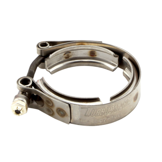 Turbosmart WG40 inlet and WG45 outlet V-band clamp for wastegate accessories, made of durable metal with precise fitting.