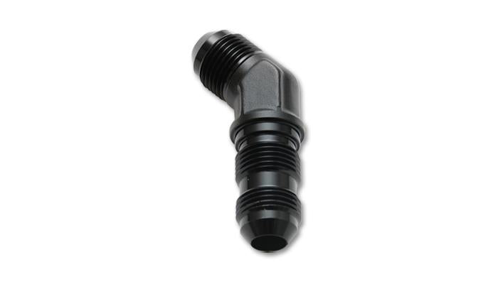 Vibrant black -6AN bulkhead 45-degree elbow fitting, anodized aluminum, designed for high-performance automotive or fluid systems.