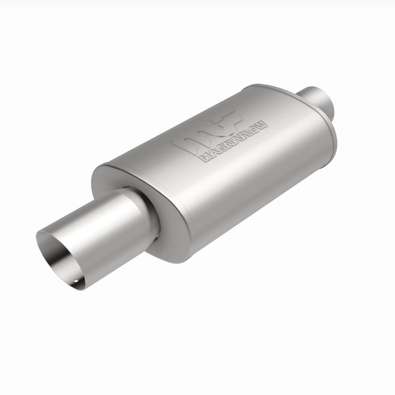 MagnaFlow muffler with tip, model RS 14X5X8, showcasing the silver metal construction and polished exhaust tip.
