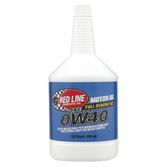 Red Line 0W40 motor oil quart container, high-performance synthetic engine oil for automotive lubrication.