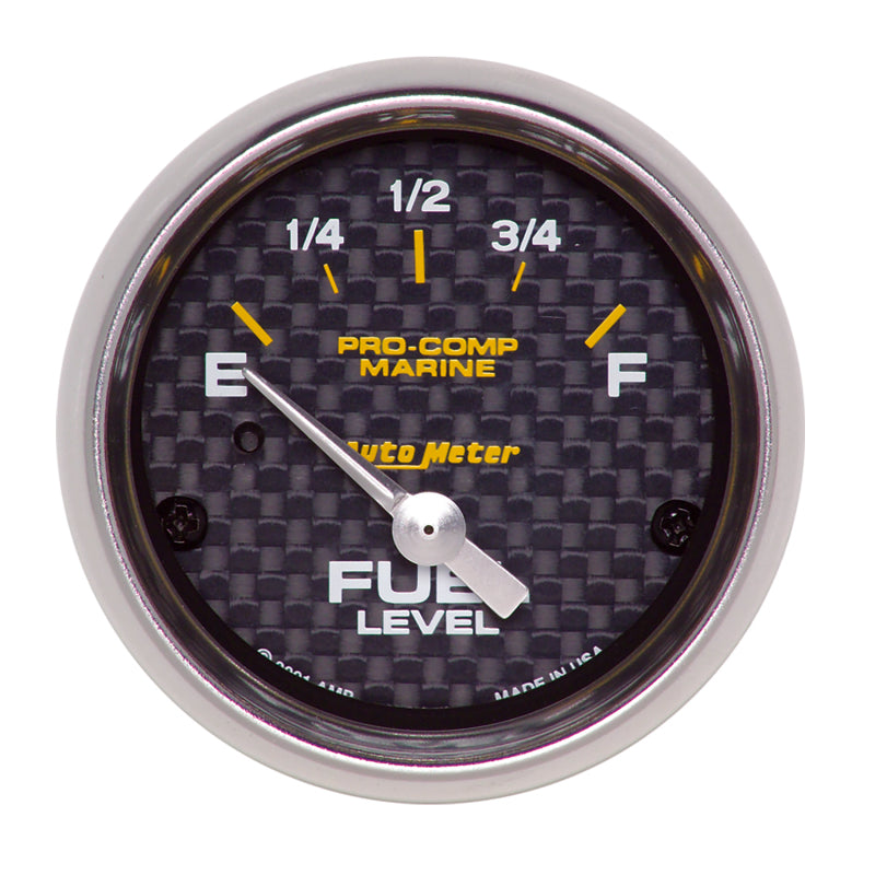 AutoMeter Marine carbon fiber electric fuel level gauge with 2-1/16 inch dial and 240-33 ohms resistance, displaying fuel level.