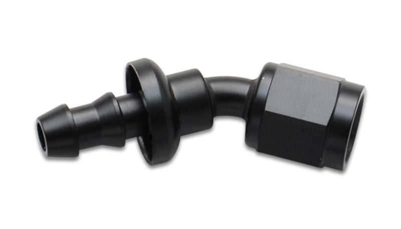 Vibrant 30-degree push-on hose end elbow fitting for -4AN size, made of durable metal with vibrant finish, suitable for automotive use.