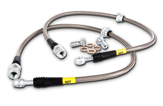 StopTech stainless steel front brake line kit for 2014-2015 Chevy Corvette Z51 C7 V8, showing detailed braided lines.