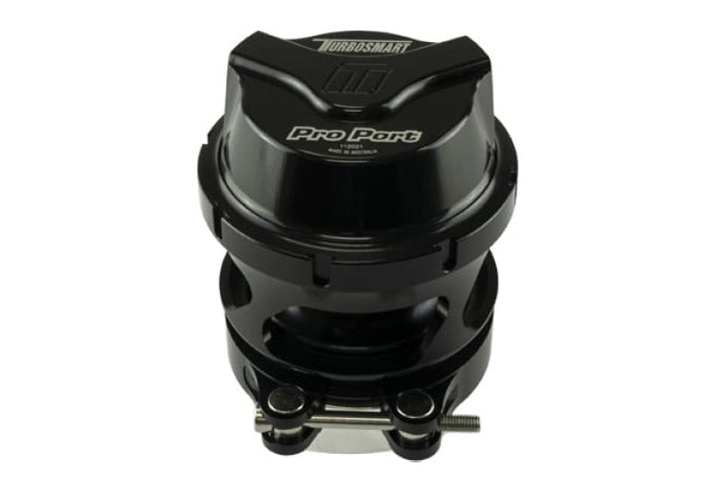 Turbosmart GenV ProPort Universal 54mm Blow Off Valve installed on a turbocharged engine, showcasing its sleek design and brand logo.