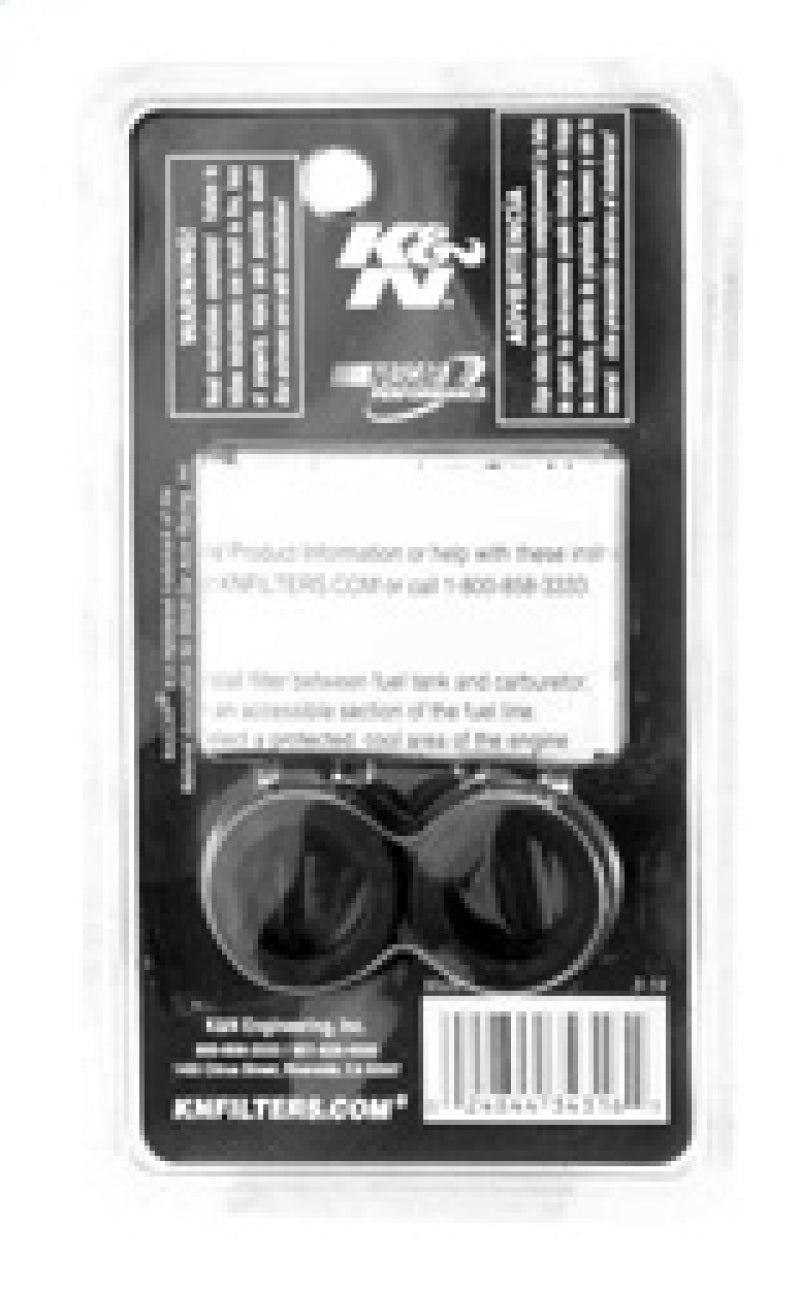 K&N Engineering universal replacement fuel filter with 3.375-inch length and 1.125-inch diameter, designed for automotive fuel systems.