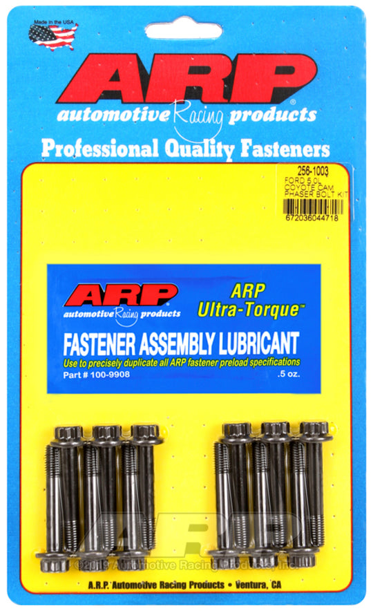 ARP Cam Bolt Kit for Ford Coyote 5.0L V8 engine, showing the hardware components and bolts included in the kit.