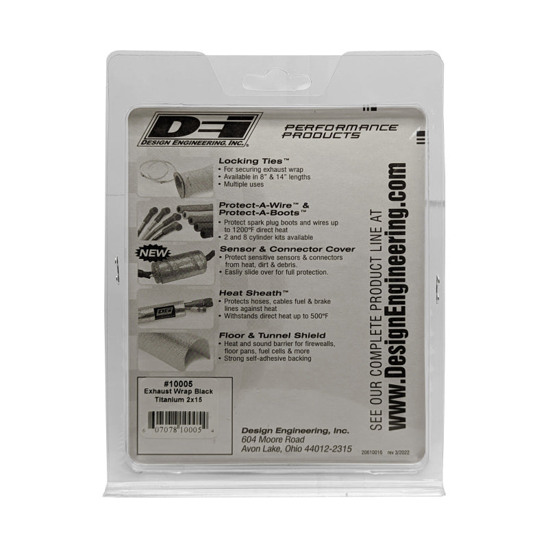 Black DEI Titanium Exhaust Wrap 2-inch by 15-foot, heat-resistant wrap for automotive exhaust systems.