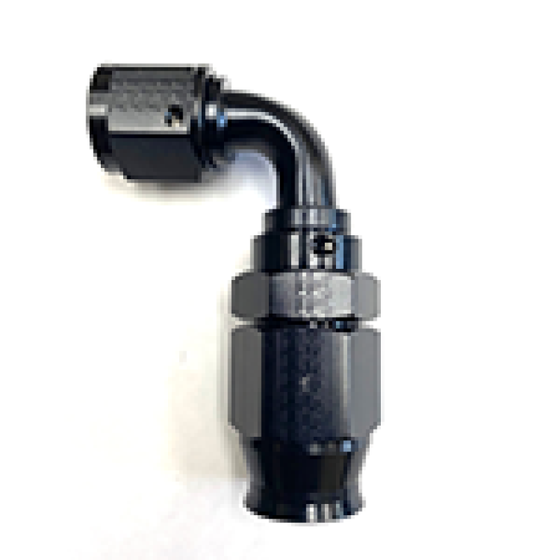 Fragola Race-Rite reusable PTFE hose end fitting, 90-degree angle, for -6AN fuel or oil lines, made of durable metal.