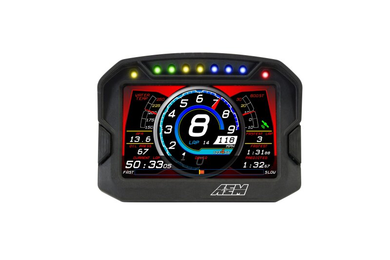 AEM CD-5LG Carbon Logging Digital Dash Display gauge with internal 10Hz GPS and antenna, showing digital readouts and controls.