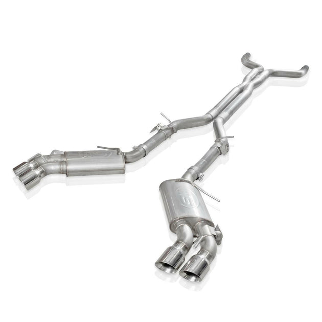 Stainless Works catback exhaust with quad 4-inch tips and valves on a 2016-2024 Chevy Camaro SS.