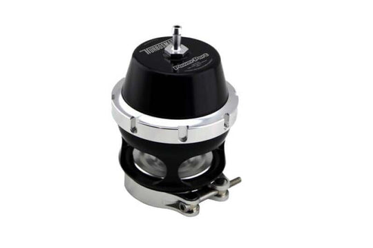 Black Turbosmart BOV Power Port blow off valve installed on a turbocharged engine system.