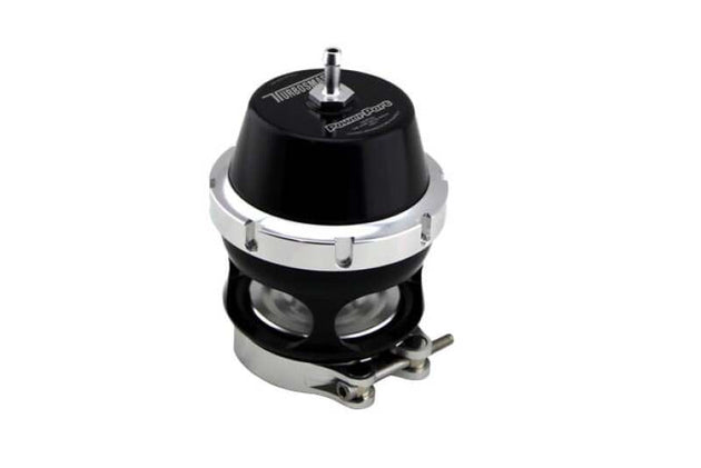Black Turbosmart BOV Power Port blow off valve installed on a turbocharged engine system.